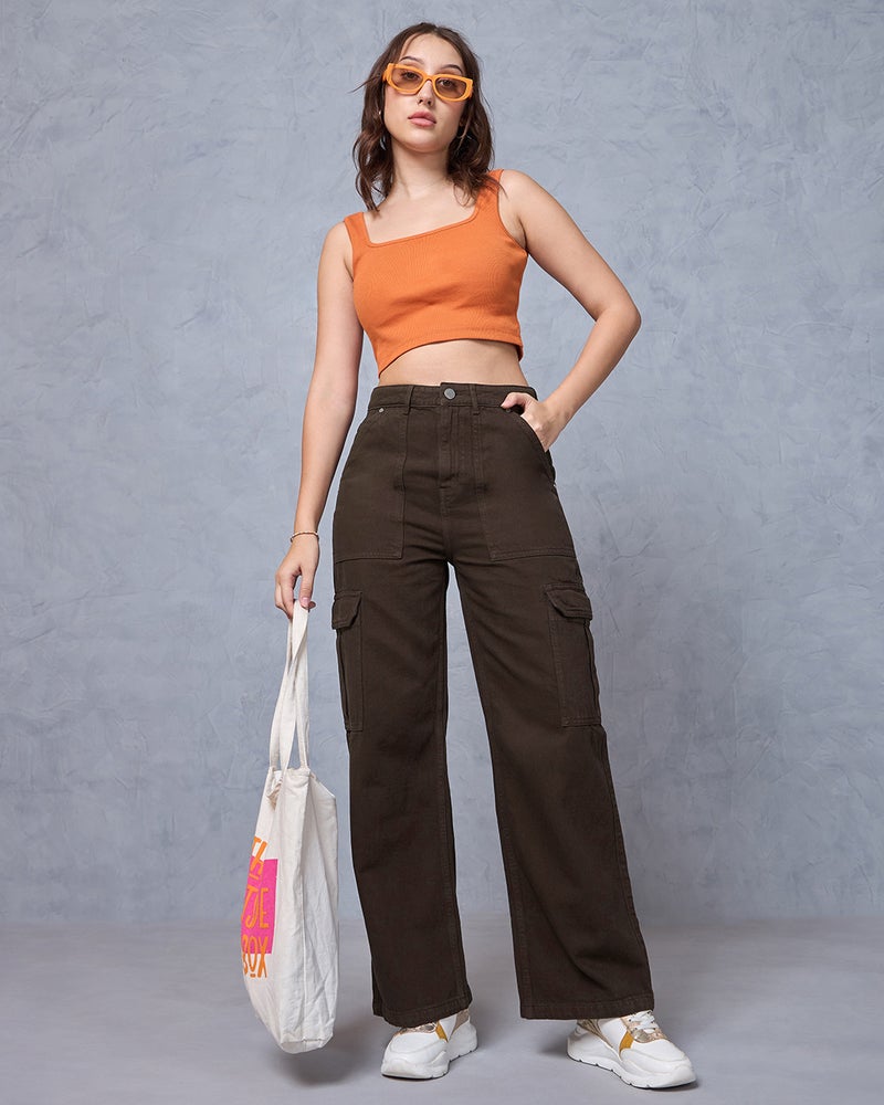 bewakoof Women's Dark Brown Straight Fit Cargo Jeans - Image 4